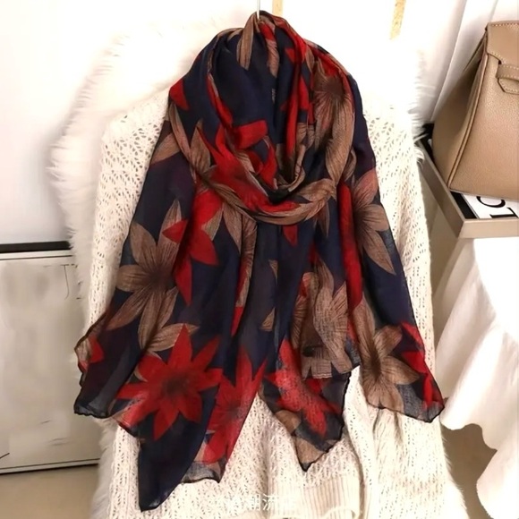 ✂️ SPRING SWEEP SALE Floral Leaf Pattern Lightweight Red and Brown Scarf Shawl - Picture 2 of 6